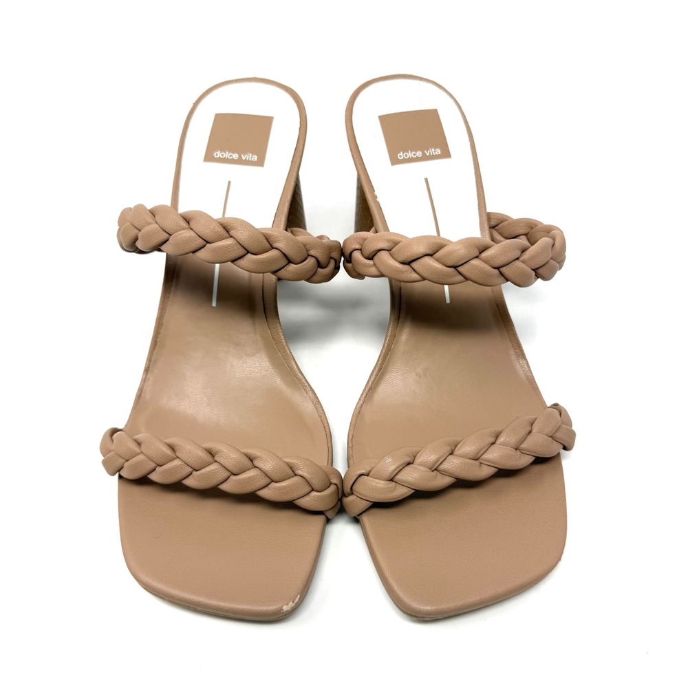 Dolce Vita Paily Braided Block Heel Slide Sandals Tan Leather Square Toe 9M - Picture 2 of 13
